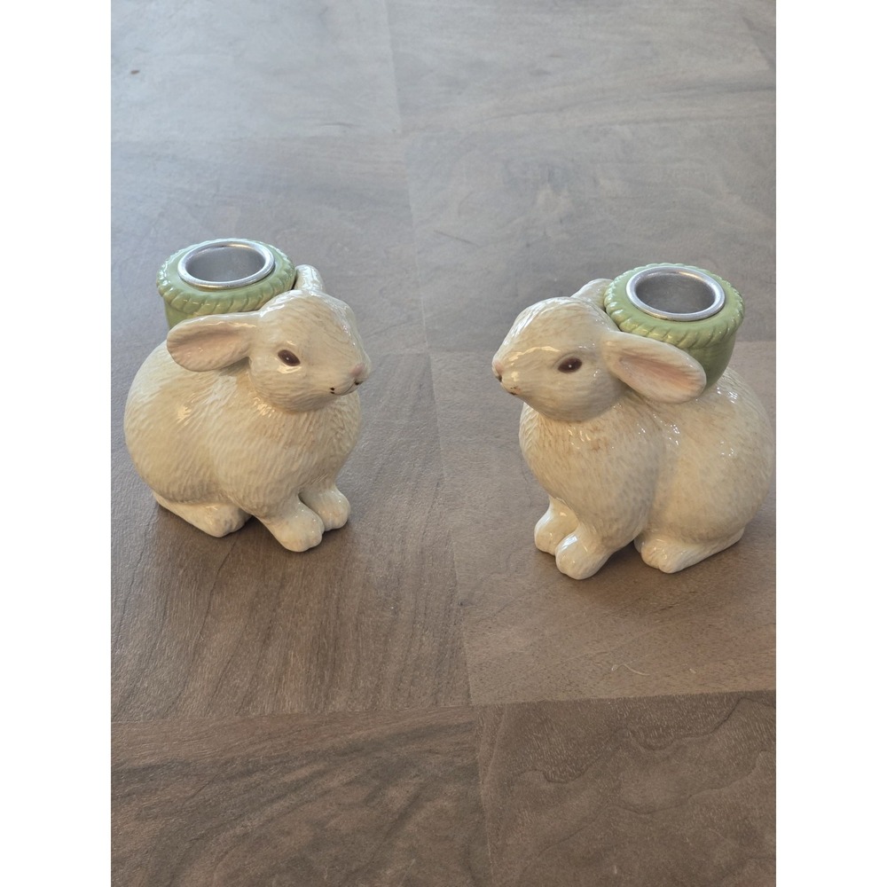 Hallmark‎ Bunny Rabbit  Ceramic Taper Candle Holders Set of 2 Spring Easter